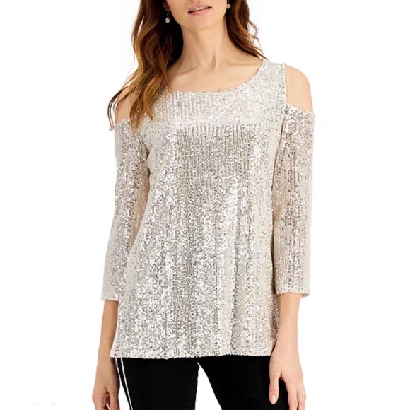 NWT JM Collection Silver Sequin Cold Shoulder Top L - Picture 1 of 11